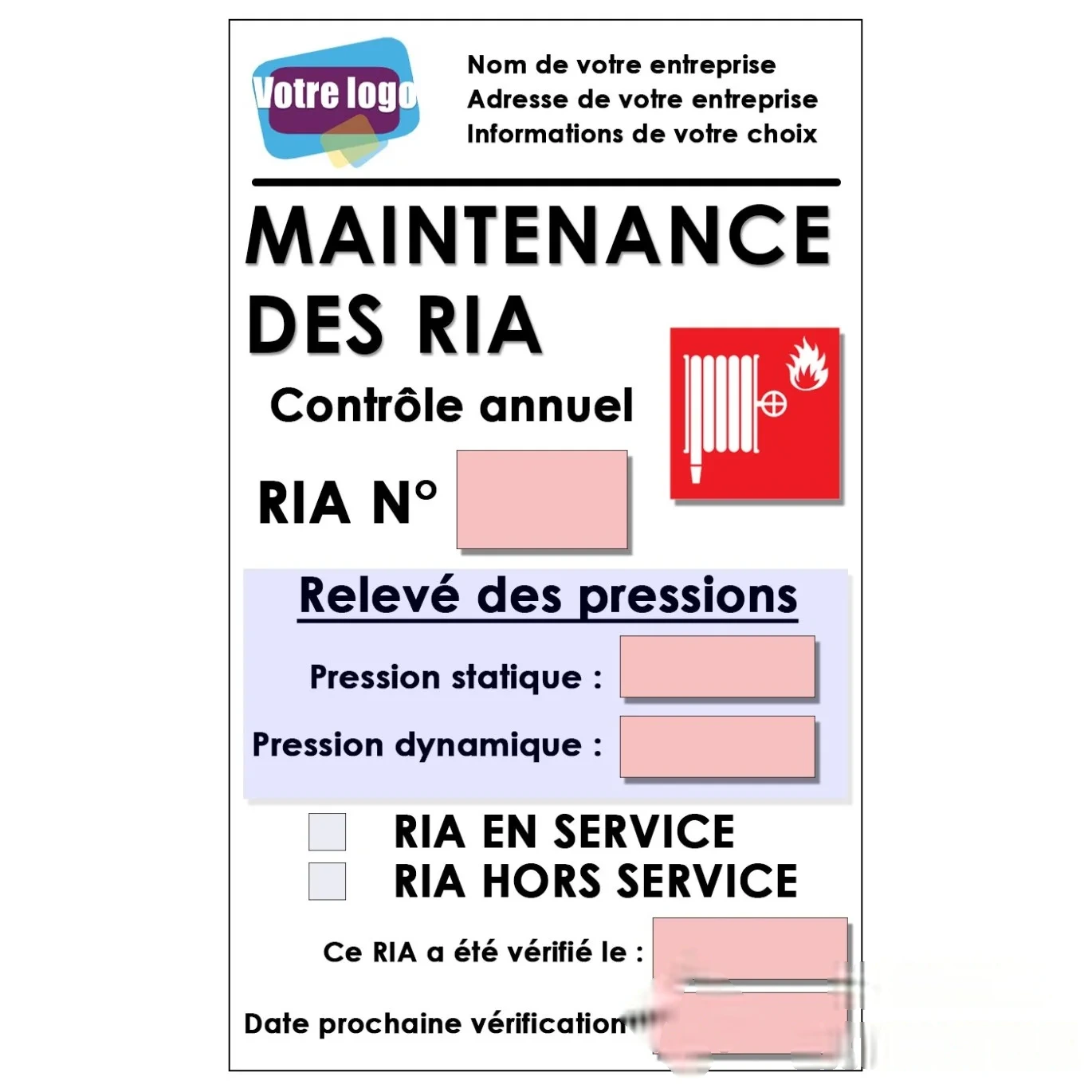 10 étiquettes de maintenance pour RIA personnalisées - Taille 70 × 100 mm