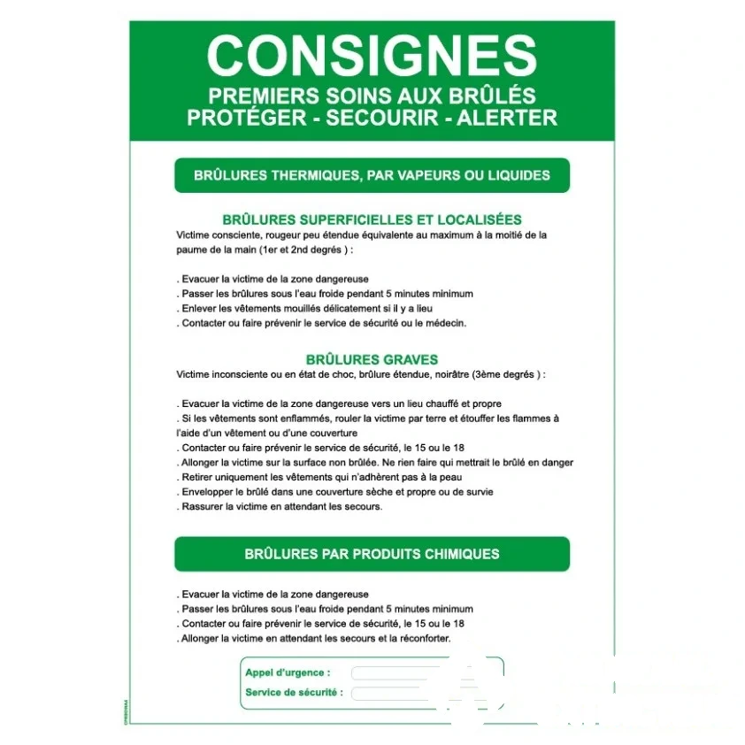 Consignes premiers soins aux brûlés - Format A4