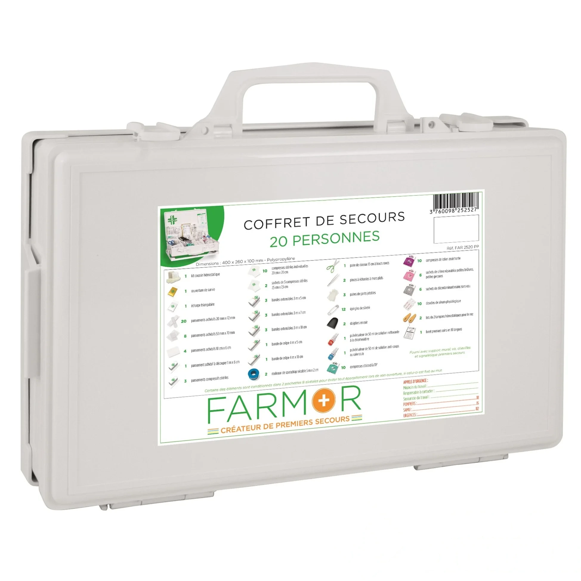 Coffret de secours 20 personnes avec poignée et support mural — image 1