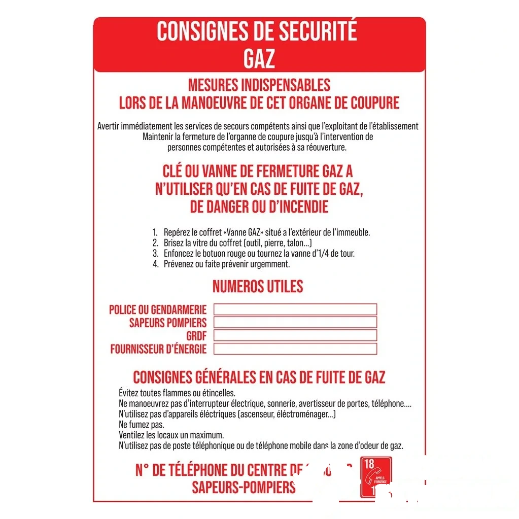 Consigne de sécurité "Fuite gaz" - Format A4 — image 1